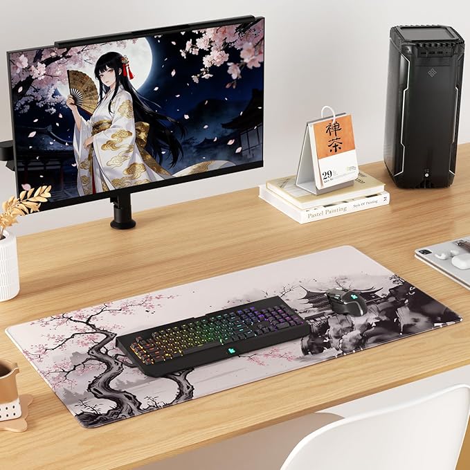 KTRIO Large Gaming Mouse Pad Desk Mat, Superior Micro-Weave Cloth, Non-Slip Rubber Base, Stitched Edges, Water-Resistant, for Gamer, Office & Home, 31.5 x 15.7 Inch, Zen Sakura