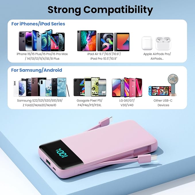 Portable Charger for iPhone,13800mAh Slim Power Bank with Built-in Cables & AC Wall Plug,All in One 4 Outputs USB C Fast Charging Battery Pack for iPhone 17/16/15/14,Android,Travel Essential (Pink)