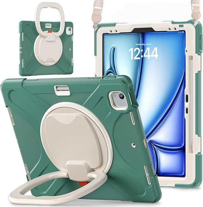 MEEgoodo Case for iPad Air 13 inch 2025 (M3) /2024 (M2) & iPad Pro 12.9 Case 6th/5th/4th/3rd Generation 2022 2021 2020 2018, Tablet Cover with Pencil Holder/Rotating Stand/Shoulder Strap,Emerald Green
