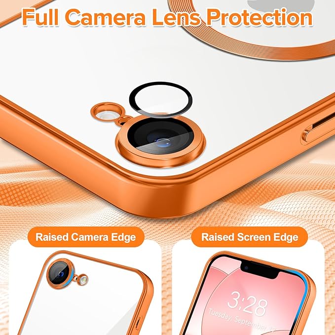 Hython Magnetic Clear for iPhone 17e Case with Camera Lens Protector [Compatible with MagSafe] Luxury Plating Edge Slim Soft TPU Cover Protective Phone Case for iPhone 17e 6.1", Matte Orange