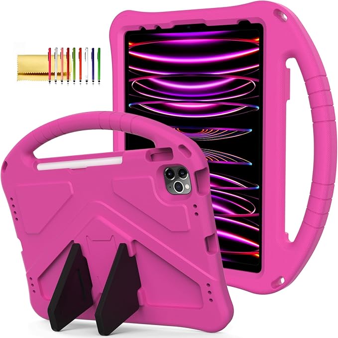 Kids Case for iPad Pro 11" 2022/2021/2020/2018, iPad Air 5th/4th Generation Case with Pencil Holder, Techcircle Lightweight Shockproof EVA Foam Handle Stand Anti-Slip Grip Rugged Case, Rose