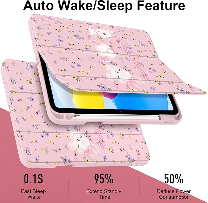 Case for iPad Air 13 inch 2026 M4 2025 M3 2024 M2 Release Slim Lightweight Shockproof Cute Light Pink Cover with Clear Back TPU Edge Pencil Holder Trifold Stand Auto Wake Sleep, White Rabbit
