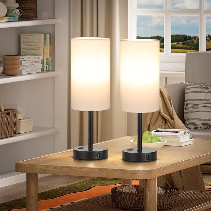 PartageiZ 17.4inches Tall White Bedroom Lamps Set of 2-3 Way Dimmable Touch Table Lamps with USB C and A Ports, Lamps for Nightstand with AC Outlet, Desk Lamps with Black Base for Office