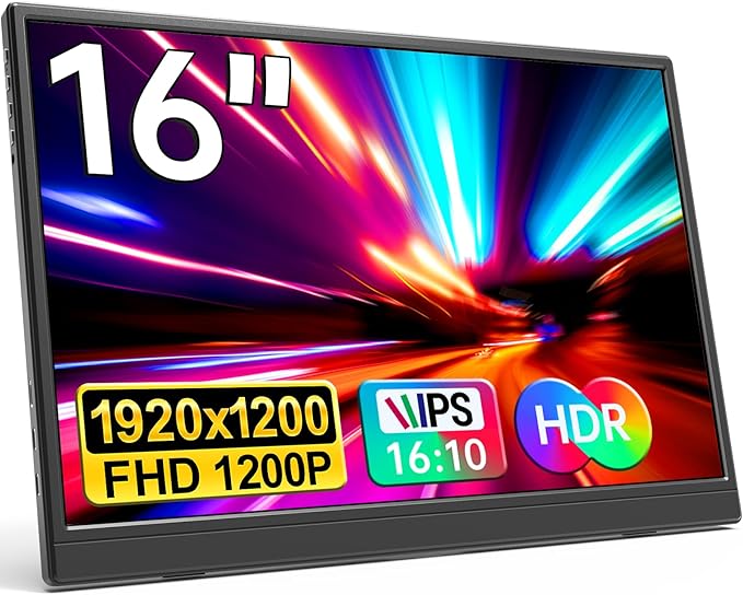 Portable Monitor 16.0inch FHD 1920 * 1200P USB C HDMI Ultra-Slim IPS Travel Display & Speakers, HDR Plug&Play, External Monitor for Laptop PC, Phone,Mac