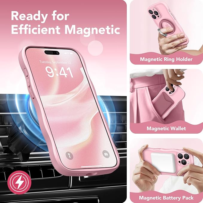 CAPRARO for iPhone 16 Pro Max Case for Women Girls, Upgraded [Full Camera Protection] [Compatible with MagSafe] Cute Wave Translucent Matte Phone Case for iPhone 16 Pro Max, Peach Pink