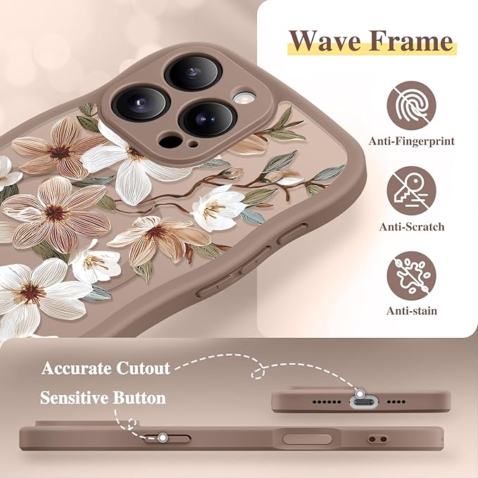 GVIEWIN for iPhone 16 Pro Max Case Compatible with MagSafe [Curly Wave Edge][Full Camera Protection] Floral Translucent Shockproof Magnetic Women Phone Case for 16 Pro Max, Dogwood/Brown