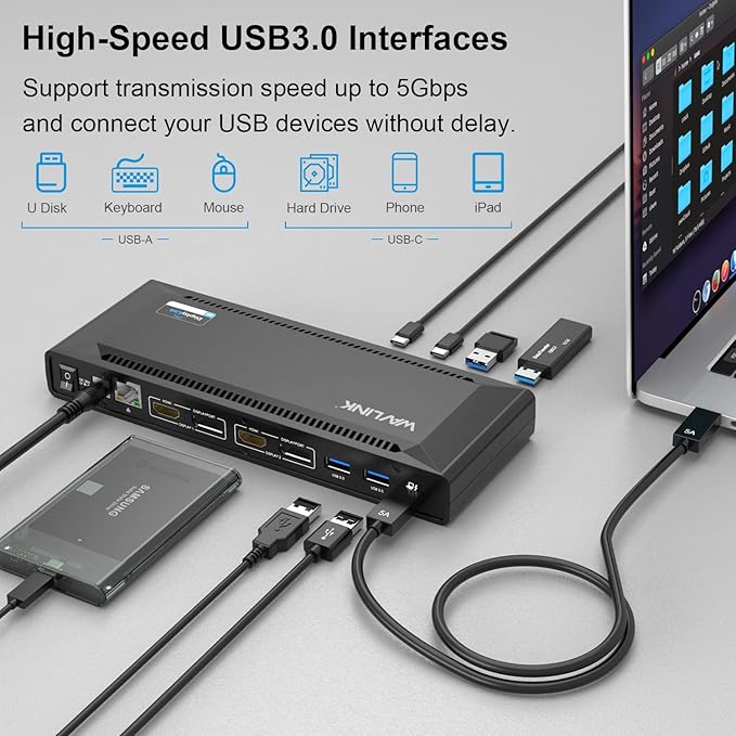 WAVLINK Universal USB C Laptop Docking Station Dual Monitors 5K/4K@60Hz with 65W Host Charging for Thunderbolt 4/3, USB-C Windows, Mac M1-M5/Macbook Neo, Chrome (2HDMI+2DP), 6USB 3.0, 1Gbps Ethernet
