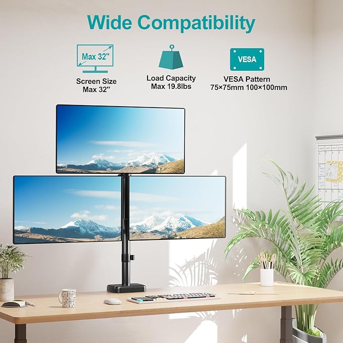 MOUNT PRO Triple Monitor Mount for Max 32" Computer Screen, Adjustable 3 Monitor Desk Mount, up to 19.8lbs Each, Three Display Arm with Tilt Swivel Rotation, VESA Mount 75x75/100x100mm