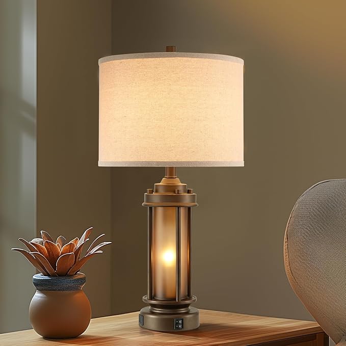 AIEAMPDO Set of 2 Farmhouse Table Lamps for Living Room, Rustic Vintage Bedside Lamps with 2 USB Ports, Bedroom Nightstand Lamp with Amber Glass Nightlight for End Table Entryway, 4 Bulbs Includes