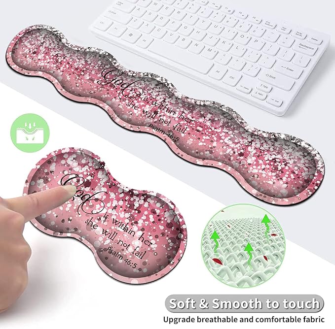 Desk Pad, Large Gaming Mouse Pad Extended Thick Writing Pads, Ergonomic Keyboard Wrist Rest with Non-Slip Rubber Base Office Desk Mat 31.5"×11.8", Psalm 46-5 Verse Pink Sparkles Glitter Mousepad