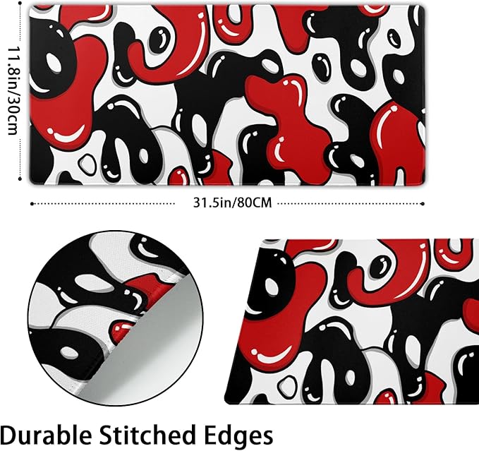 Red Black White Gaming Mouse Pad Desk Pad Large 35.4x15.7 Inch Japanese Anime Geometric Gaming Mouse Pad Extended Non-Slip Rubber Base Stitched Edge Japanese Desk Mat for Gamer Office Home Work
