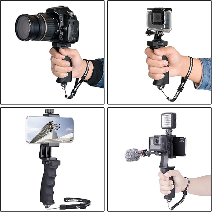 2in1 Ergonomic Portable Action Camera+Smartphone SYN Hand Grip Stabilizer Combo Mount Video Vlogging Rig Holder Kit for GoPro iPhone Interview Travel YouTube Tiktok Streaming-Mic+Light Adapter