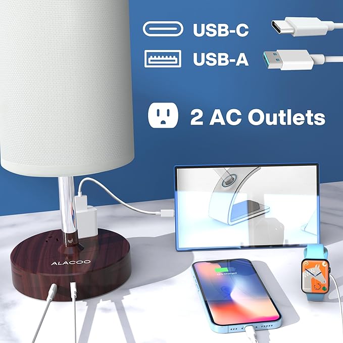 Small Bedside Table Lamp for Bedroom - 3 Way Dimmable Touch Lamp with USB Charging Station and AC Outlet, Wood Base & Fabric Linen Lampshade for Office, Living Room, Dorm, Brown-White, (LED Included)