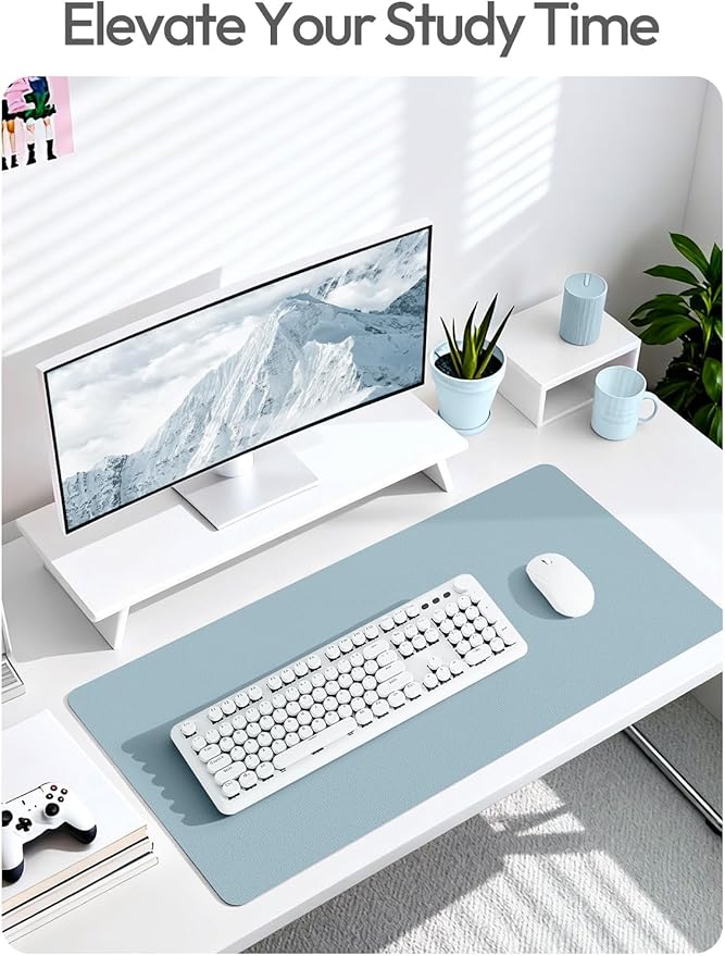 YSAGi Leather Desk Protector, Office Mat, Large Mouse Mat, Non-Slip PU Leather Blotter, Laptop Pad, Waterproof Writing Pad for Office and Home (Ice Blue, 35.4" x 17")