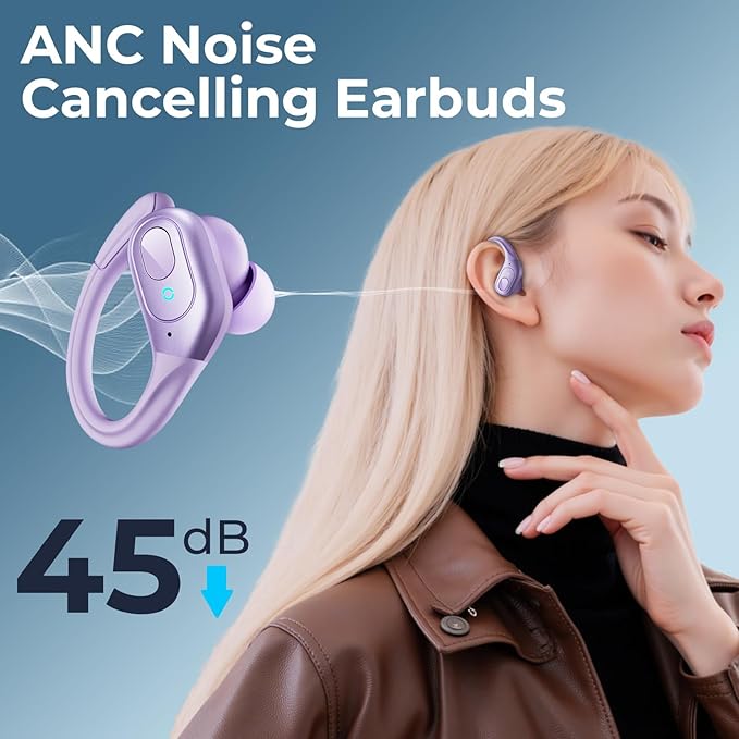 occiam Active Noise Cancelling Earbuds Wireless Bluetooth Headphones Ear Buds 90Hrs Playback Stereo Bass Earphones with Mic Over-Ear Hooks IPX7 Waterproof Headset for Work Sports (Purple)