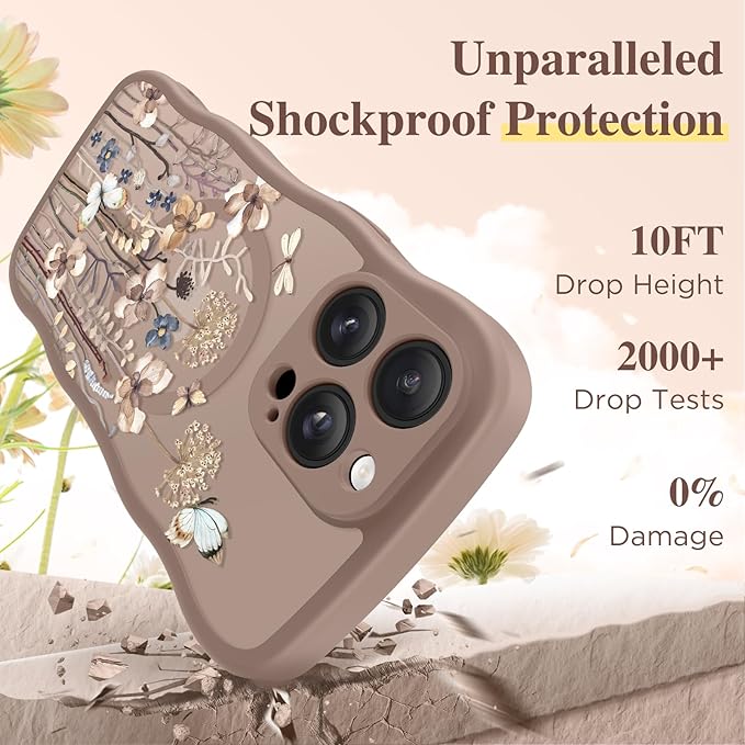 GVIEWIN for iPhone 14 Pro Case Compatible with MagSafe [Curly Wave Edge][Full Camera Protection] Floral Translucent Shockproof Magnetic Women Phone Case for 14 Pro, Autumnflit/Brown