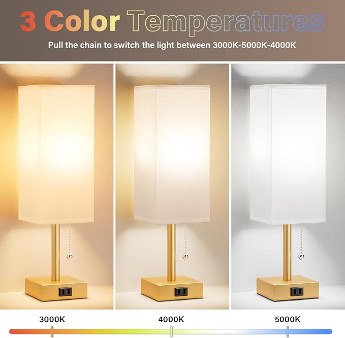 Gold Bedside Table Lamps for Bedroom - Small Nightstand Lamp Set of 2 with AC Outlet Charging Port, 3 Color Temperatures Rectangular Desk Light, Tabletop Reading Lamp for Living Room/Dorm/Office