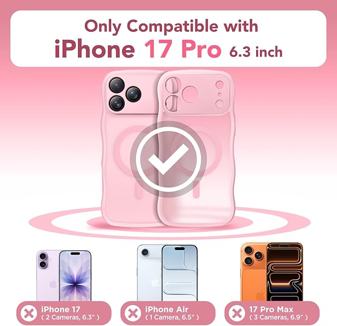 CAPRARO Magnetic for iPhone 17 Pro Case for Women Girls, Upgraded [Full Camera Protection] [Compatible with MagSafe] Cute Wave Translucent Matte Phone Case for iPhone 17 Pro, Peach Pink
