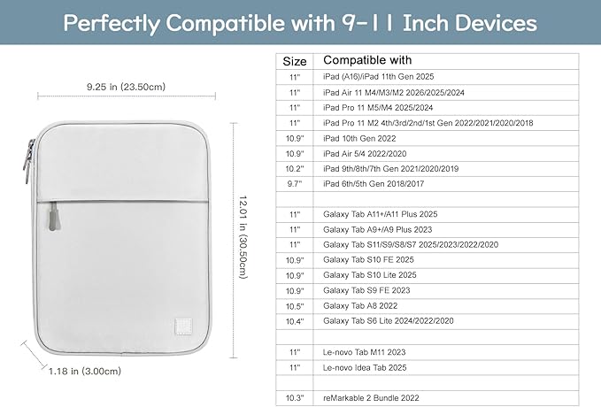 Dadanism 9-11 Inch Tablet Sleeve Padded Carrying Case for iPad (A16) 11th Gen 11", iPad 10th Gen 10.9", iPad Air M4/Pro M5 11", iPad Air 5/4, iPad 9/8/7th Gen, Galaxy Tab A11+ Plus 11", Gray + White