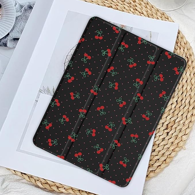 JOYLAND Cute Cherry Polka Dot Case for iPad (A16) 11th Gen 2025 11-inch/10th Gen 2022 10.9 inch, Girly Clear Acrylic Hard Back Black Case with Pencil Holder Trifold Stand Tablet Cover for Women