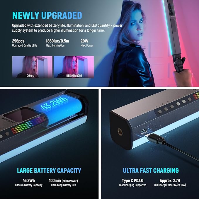 NEEWER RGB2 LED Tube Light Stick with Metal Barndoor, Handle, Touch Bar/APP/2.4G Control, Rechargeable Magnetic Handheld RGB Video Light, 2500K-10000K CRI98+ Dimmable Photography Lighting, 18 Scenes
