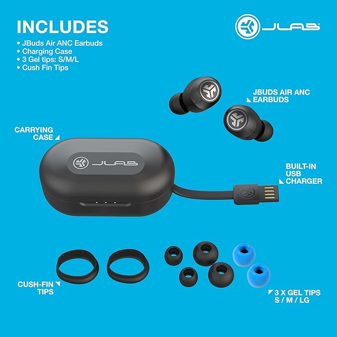 JLab JBuds Air ANC True Wireless Bluetooth Earbuds, Black, Active Noise Canceling, Low Latency Movie Mode, Dual Connect, IP55 Sweat Resistance, Custom 3 EQ Sound Settings…