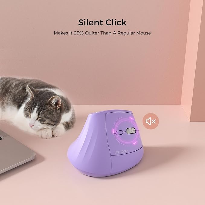 KYSONA 57° Ergonomic Wireless Tower Mouse, Vertical Quiet Ergo Mouse, Bluetooth(BT5.0,BT3.0)&2.4G, (800/1200/2400/2400/4000), 7 Buttons for Windows, macOS, iPadOS, Laptop, PC,Purple