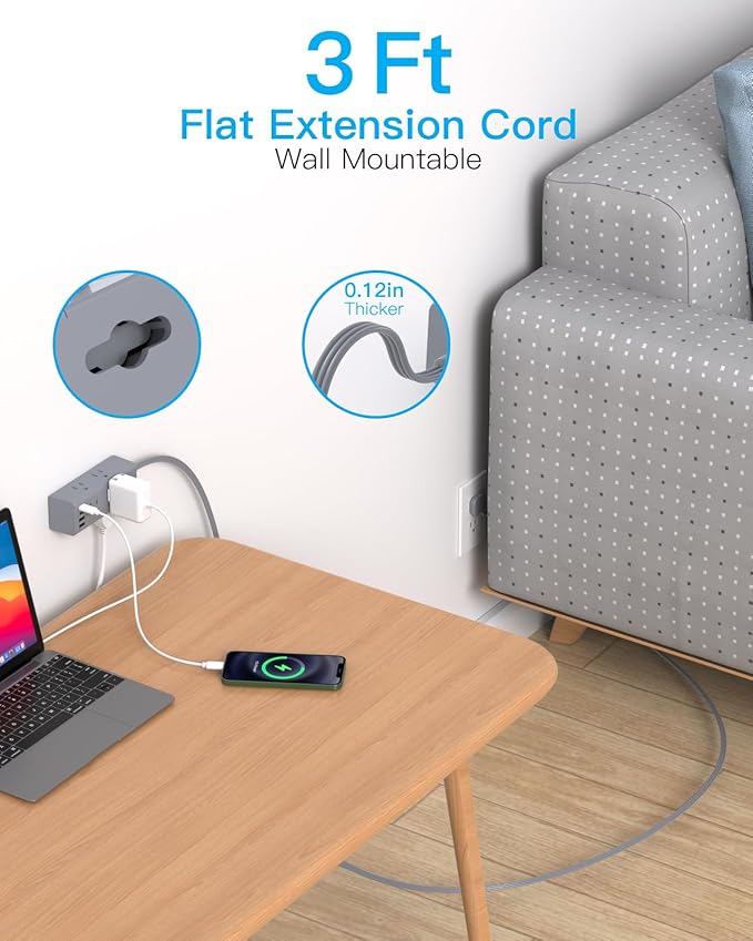 3Ft Extension Cord with Multiple Outlets, Flat Plug Power Strip Surge Protector with 3 Ft Cord, 6 Outlet 4 USB Ports (2 USB C), Multi Outlet Wall Plug for Travel, College, Dorm Room Essentials(Grey)