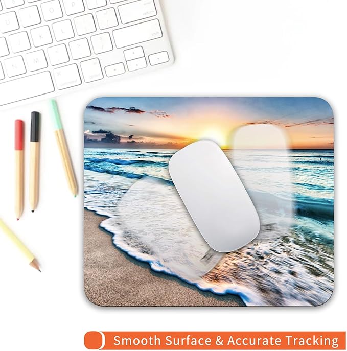 Square Mouse Pad Beach Sunset, Personalized Premium-Textured Custom Mouse Mat Design, Washable Mousepad Cloth, Non-Slip Rubber Base Computer Mouse Pads for Wireless Mouse