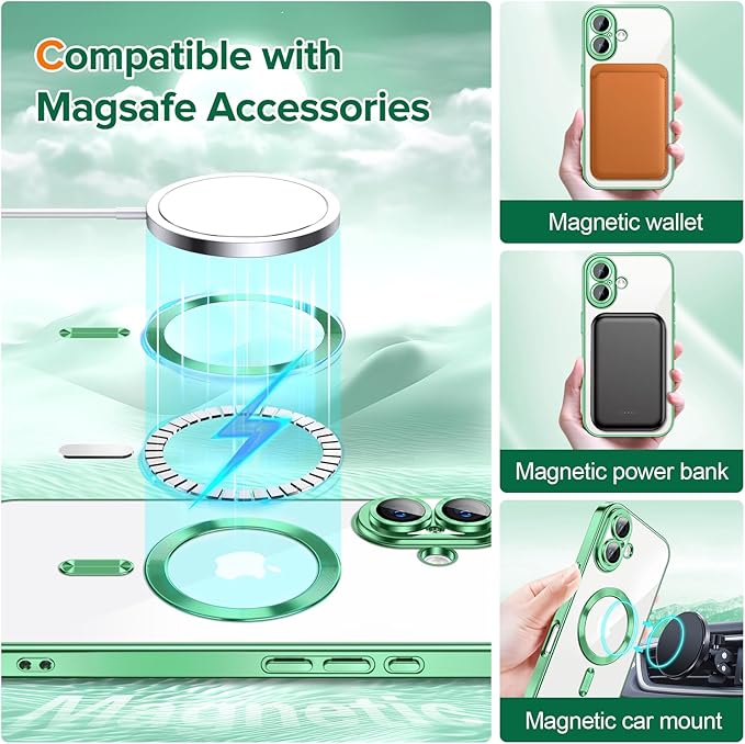 Hython Magnetic Clear for iPhone 16 Case with Camera Lens Protector [Compatible with MagSafe] Luxury Plating Edge Slim Soft TPU Cover Protective Phone Case for iPhone 16 6.1", Light Green