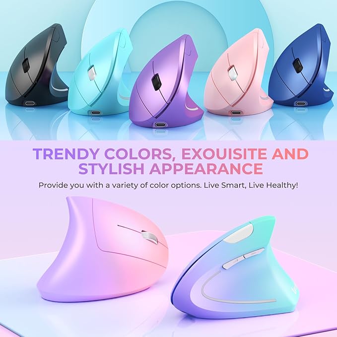 Lekvey Ergonomic Mouse, USB C Wireless Vertical Mouse, Dual Mode Rechargeable USB-A & Type-C Ergo Mouse, 1600 DPI, Relieves Wrist Pain and Carpal Tunnel, for Laptop Computer Mac MacBook, Pink Purple