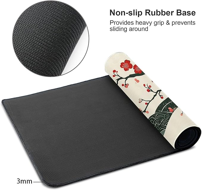 AQQA Japanese Desk Mat, Cherry Blossom Waves Large Gaming Mouse Pad, XL Anime Gaming Keyboard Mat Non-Slip Rubber Base Mousepad Desk Decor for Women Home Office, 31.5”x15.7”