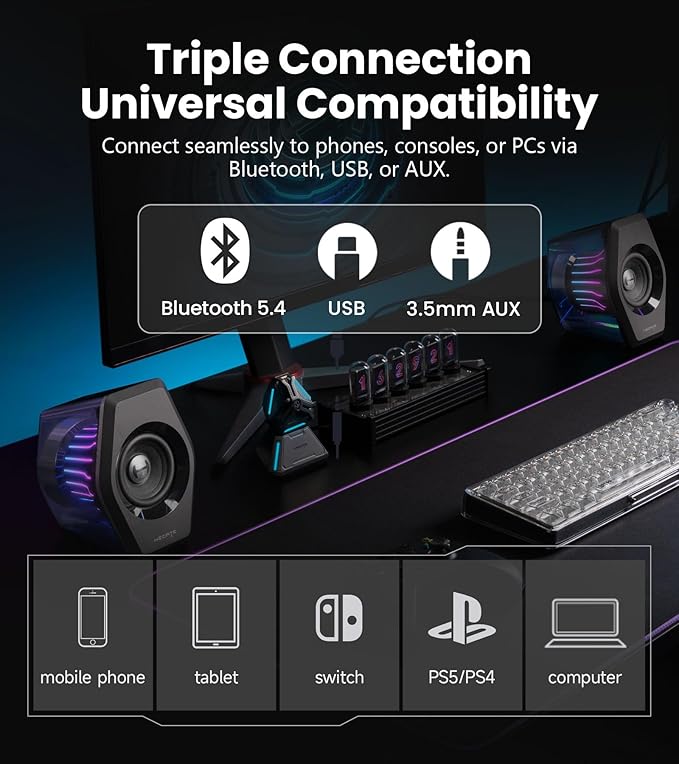 Edifier G2000 Pro 2.0 RGB Gaming Speakers with 64W Peak Power, Virtual 7.1 Surround Sound, 270° TempoFlow Light Sync, Bluetooth 5.4/USB-C/AUX for PC, PS5, Game Console (Black)