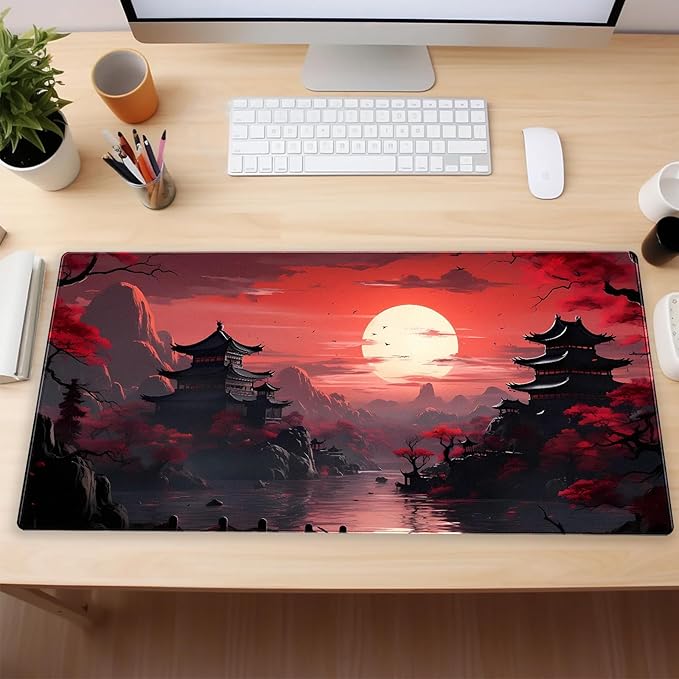 Red and Black Japanese Desk Mat - 31.5x15.7in Extended Gaming Mouse Pad - XL Full Moon Sakura Art Keyboard Mat - Waterproof Stitched Edges Desk Protector for Gaming & Office
