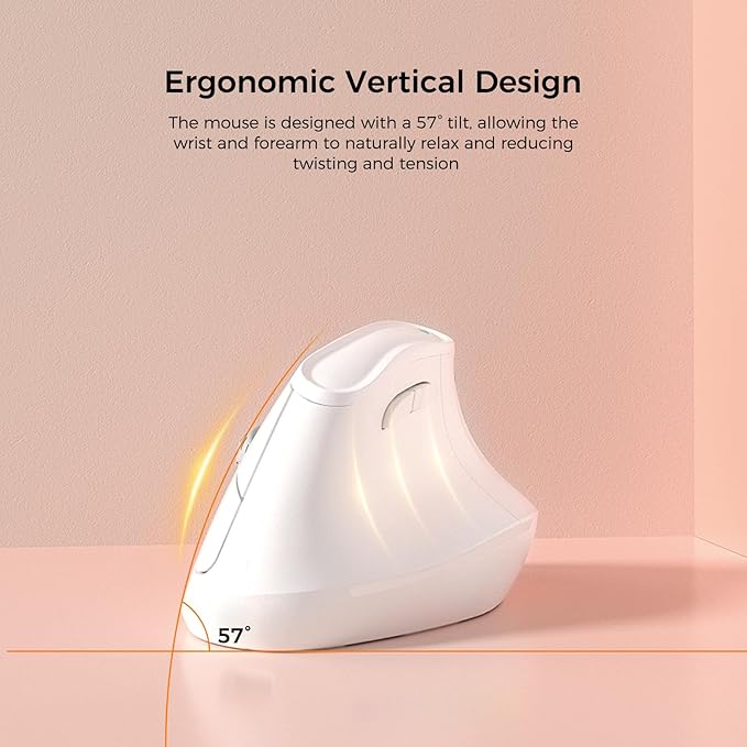 KYSONA 57° Ergonomic Wireless Tower Mouse, Vertical Quiet Ergo Mouse, Bluetooth(BT5.0,BT3.0)&2.4G, (800/1200/2400/2400/4000), 5 Buttons for Windows, macOS, iPadOS, Laptop, PC,White