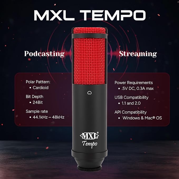 MXL TEMPO-KR Mac and PC Compatible USB 2.0 Powered Condenser Microphone - Black/Red