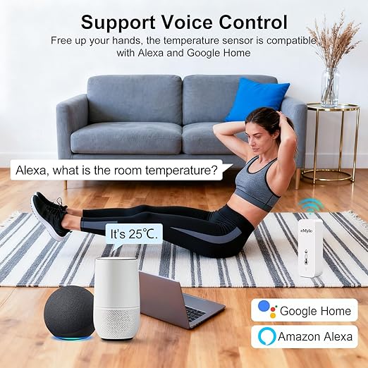 eMylo WiFi Temperature Humidity Sensor, Wireless Indoor Thermometer Hygrometer with App Alert, Free Data Storage Export, Smart Temperature Humidity Monitor for Home Bedroom, Compatible with Alexa (1)