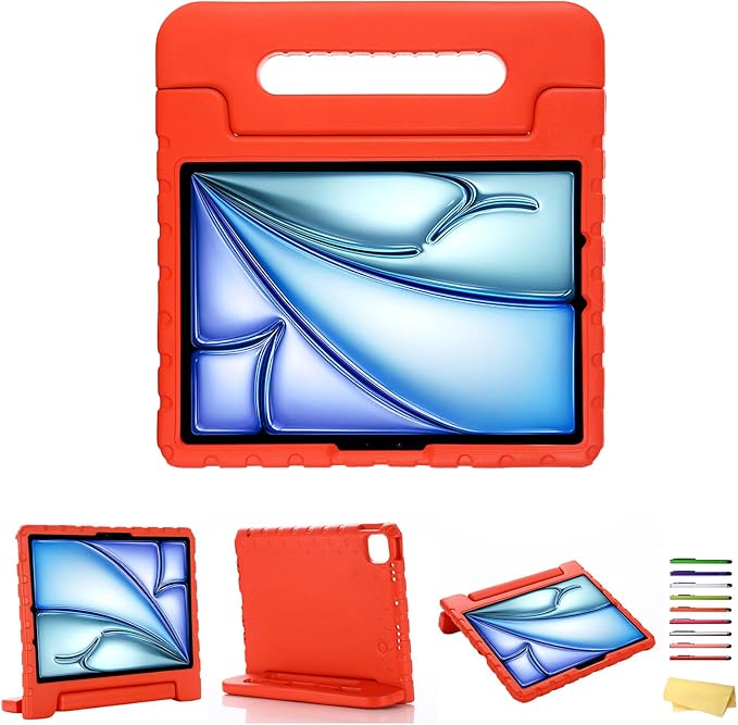 Kids Case for iPad Pro 11 inch M5/M4 (2025/2024) with Pencil Holder/Convertible Handle Stand Shockproof Slim Lightweight Cute Soft EVA Heavy Duty Rugged Kickstand Cover for Children, Red