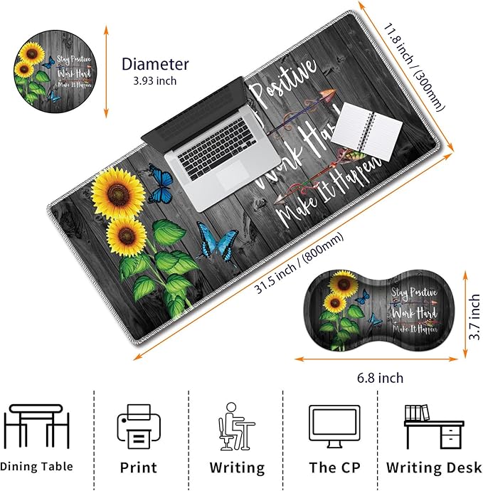 Durable Desk Mat + Wrist Rest Pad + Coasters Set, Large Gaming Office Mouse Pad 31.5 "x 11.8", Extended Non-Slip Rubber Keyboard Pad, Laptop & Home, Sunflower Inspirational Quote
