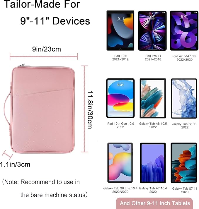 9-11 Inch Tablet Sleeve Case, iPad Bag for Women Fits iPad Pro 11 (2022-2018), iPad 10.9 (10th Gen), iPad Air (5/4th Gen), Galaxy Tab A8/A7/S8/S7, Protective Bag Carrying Case with Pocket (Pink)