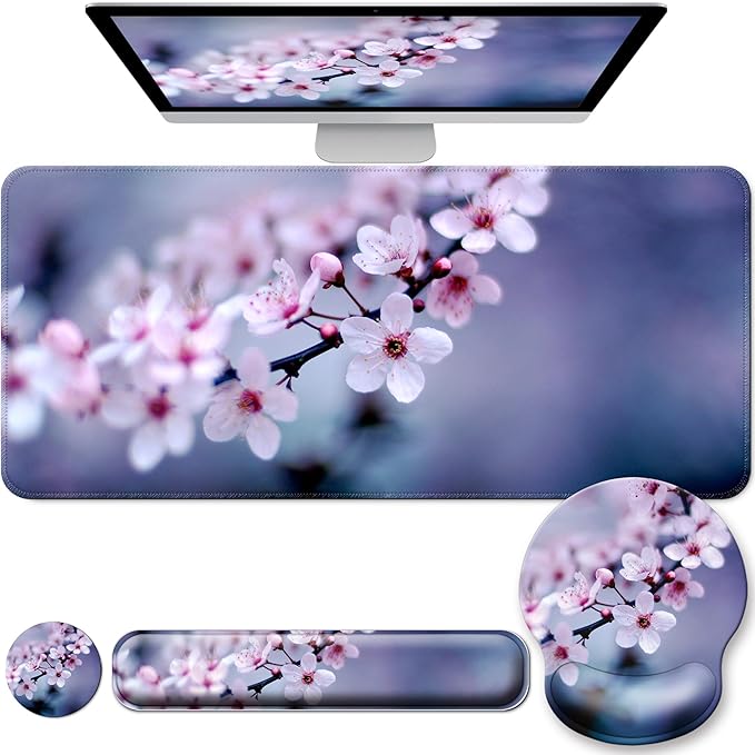Desk Mat Set + Keyboard and Mouse Pad with Wrist Rest Support,4-in-1 Large Mousepad Computer Mats for Desktop Home & Office-Cherry Bloosom