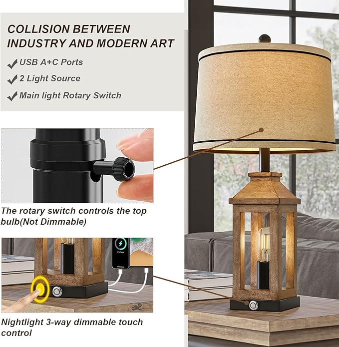 G-SAFAVA 23.75" Farmhouse Table Lamps USB A+C Charging Ports 3-Way Dimmable Touch Control Lamp Nightlight Vintage Modern Lamp for Living Room Bedroom with 2 Light Sources