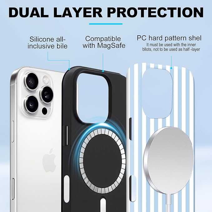 Magnetic for iPhone 12/12P Case Cute Stripes Phone Case, Shockproof Slim TPU and Hard PC Protective Phone Cover Compatible with MagSafe Designed for Women Girls, Blue and White