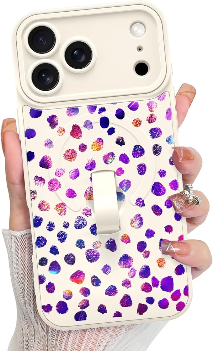KANGHAR Compatible with iPhone 17 Pro Max Case, Support for MagSafe, Silicone Cute Iridescent Pattern Leopard Print Cheetah, Wristband Kickstand Shockproof Soft Slim Cover for Girls Women, White