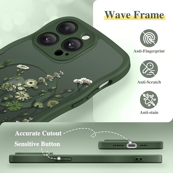 GVIEWIN for iPhone 14 Pro Max Case Compatible with MagSafe [Curly Wave Edge][Full Camera Protection] Floral Translucent Shockproof Magnetic Women Phone Case for 14 Pro Max, Floratopia/Forest Green