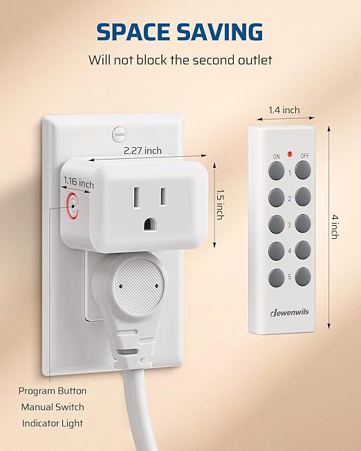 DEWENWILS Wireless Control Outlet for Christmas Decor, Programmable and Expandable Electrical Switch, 100FT Range, 125V/15A/1875W Light Switch, 2 Remote and 5 Outlets