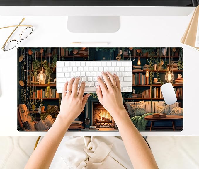 Large Mouse Pad Cozy Library, Extended Full Desk Mouse Mat Gaming Desktop Pad, Computer Keyboard Mat XXL, Vintage Office Decor Desk Laptop Cover Mat Big, Aesthetic Desk Accessories 31.5x15.7 Inch