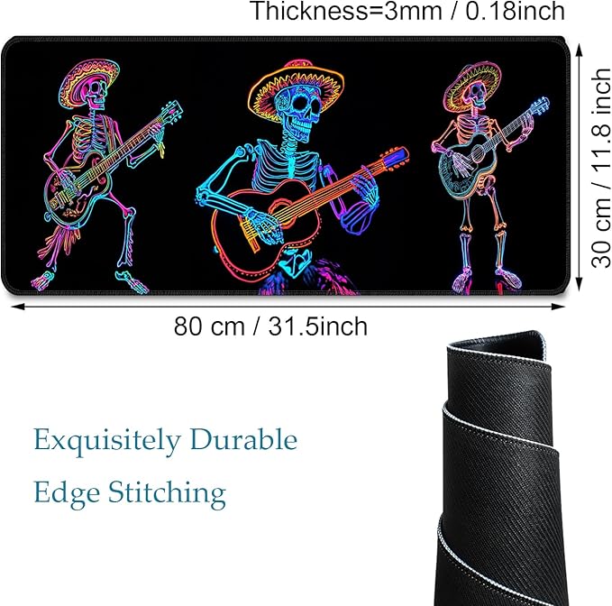 Simpkeely Blacklight Skeleton Playing Guitar Mouse Pad – UV Reactive Neon Art Funny Skull Rock and Roll Gaming Desk Mat, Glow in The Dark Extended Mousepad with Non-Slip Rubber Base – 31.5" x 11.8"