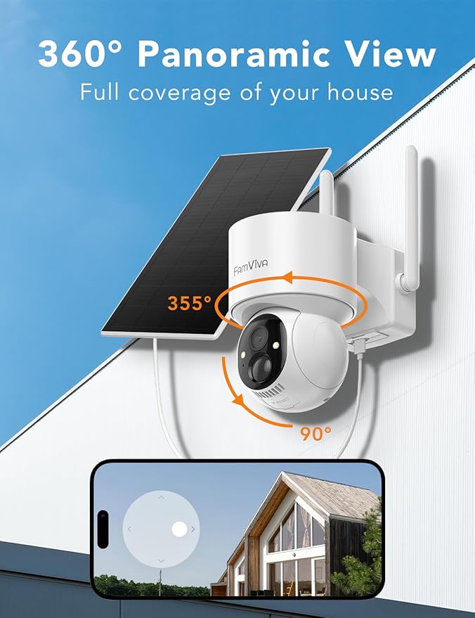 2K Solar Security Cameras Wireless Outdoor, 360°PTZ Battery Powered Cameras for Home Security, 2.4G WiFi Outdoor Camera with Color Night Vision, IP66 Waterproof, Motion Sensor Alarm, White
