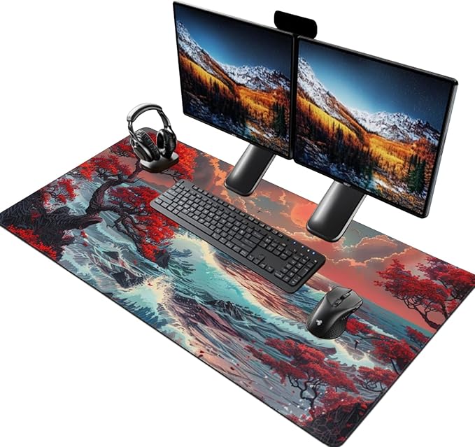 XXXL Japanese Sea Wave Desk Mat 48"x24" - Full Desktop Protector & Non-Slip Gaming Mouse Pad with 3mm Thick Base & Stitched Edge for Dual Monitors, Office & Home
